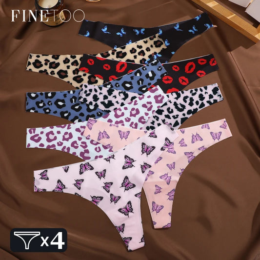 FINETOO 4Pcs Ultra Soft Underwear For Women Sexy Graphic Print Seamless Thongs